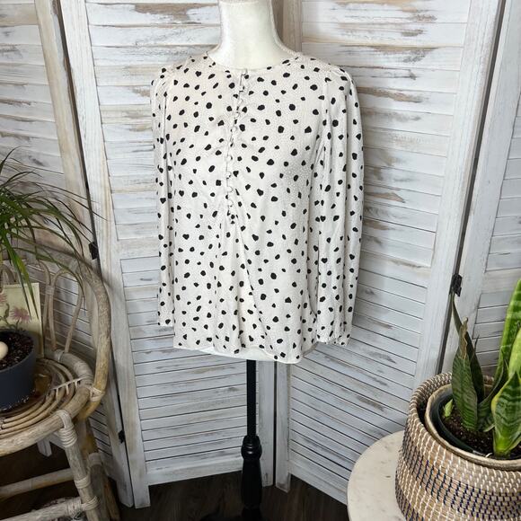REBECCA TAYLOR 6 Spotted Animal Print Silk Top Button Placket Bell Sleeve White - Picture 5 of 14